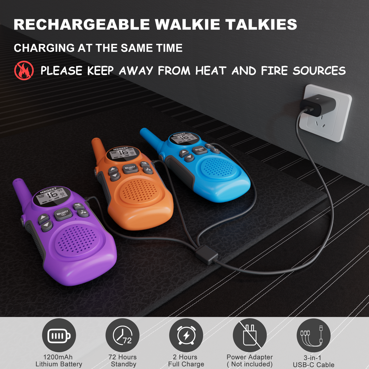Walkie Talkies for Adults 3 Pack,Two Way Radios Long Range Rechargeable Walkie Talkies with Earpiece Jack Bulit-in 1200mAh Li-ion Battery,22 Channels,LED Flashlight,USB Charger, Walky Talky