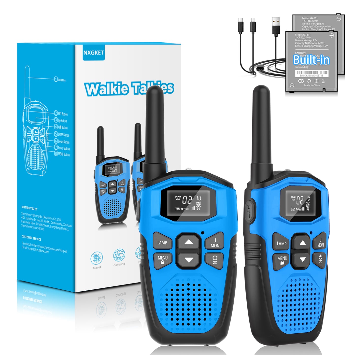 NXGKET Walkie Talkie Long Range 2 Pack ,Rechargeable 22 Channels Walky Talky 2 Way Radio with Built-in Batteries Gift for Kids Adults Outdoor Game Camping Hiking