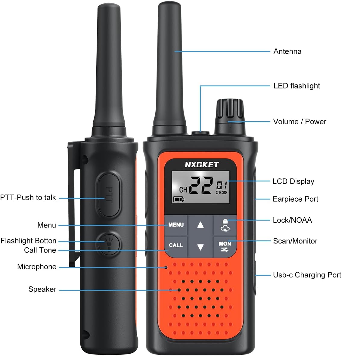 Walkie Talkies Long Range, NXGKET Rechargeable 2 Way Radio for Kids Adults 22 FRS Channels with NOAA Weather Alert, USB Walky Talky with 1800mAh Li-ion Battery for Family Game Outside Adventure Hiking