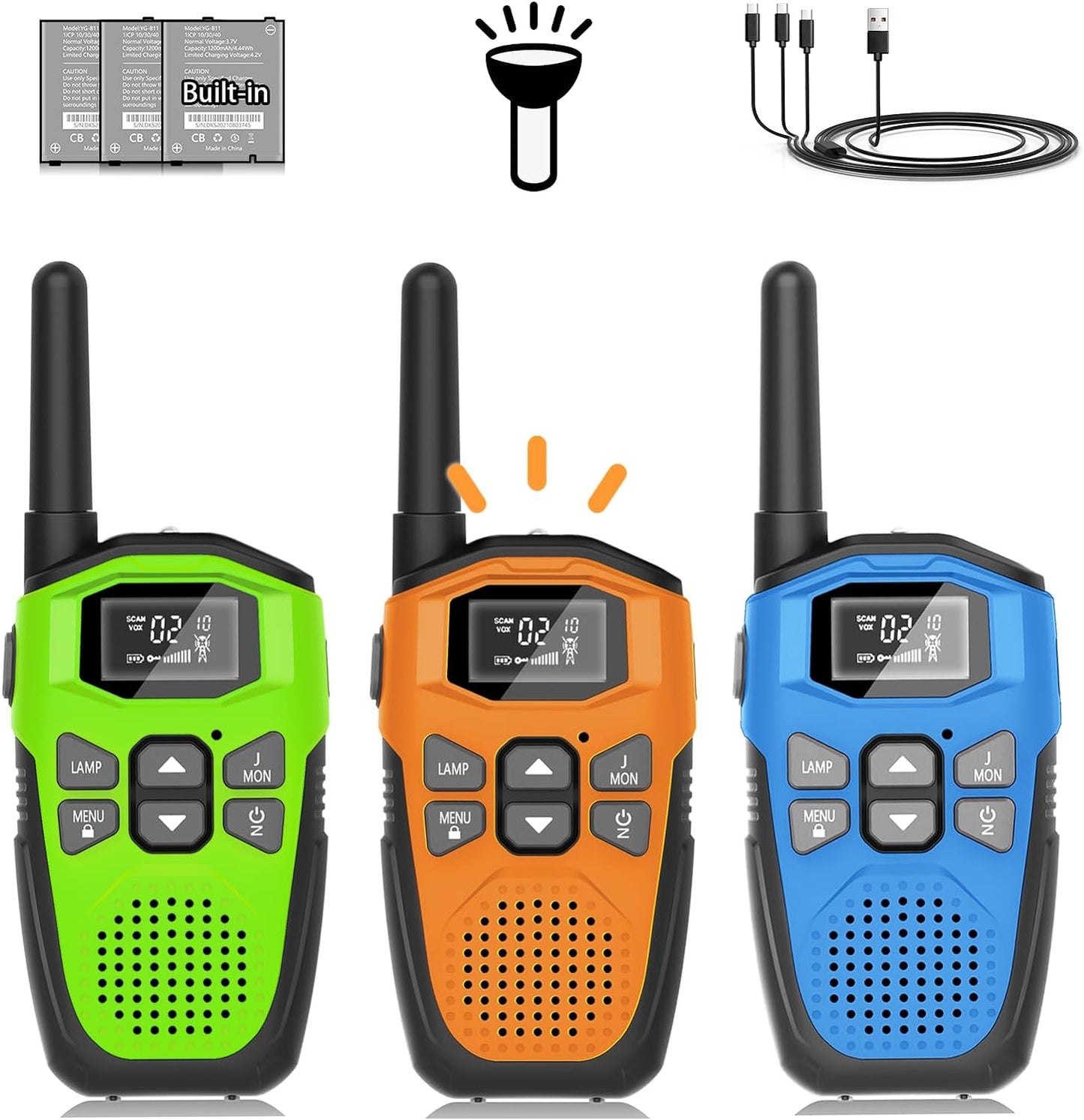 Walkie Talkies Long Range for Kids 3 Pack, DURLK Rechargeable 2 Way Radios 22 Channels with LED Flashlight, VOX, Clear Voice Type-C Charging Portable for Boys Girls Gift,Built-in Li-ion Batteries