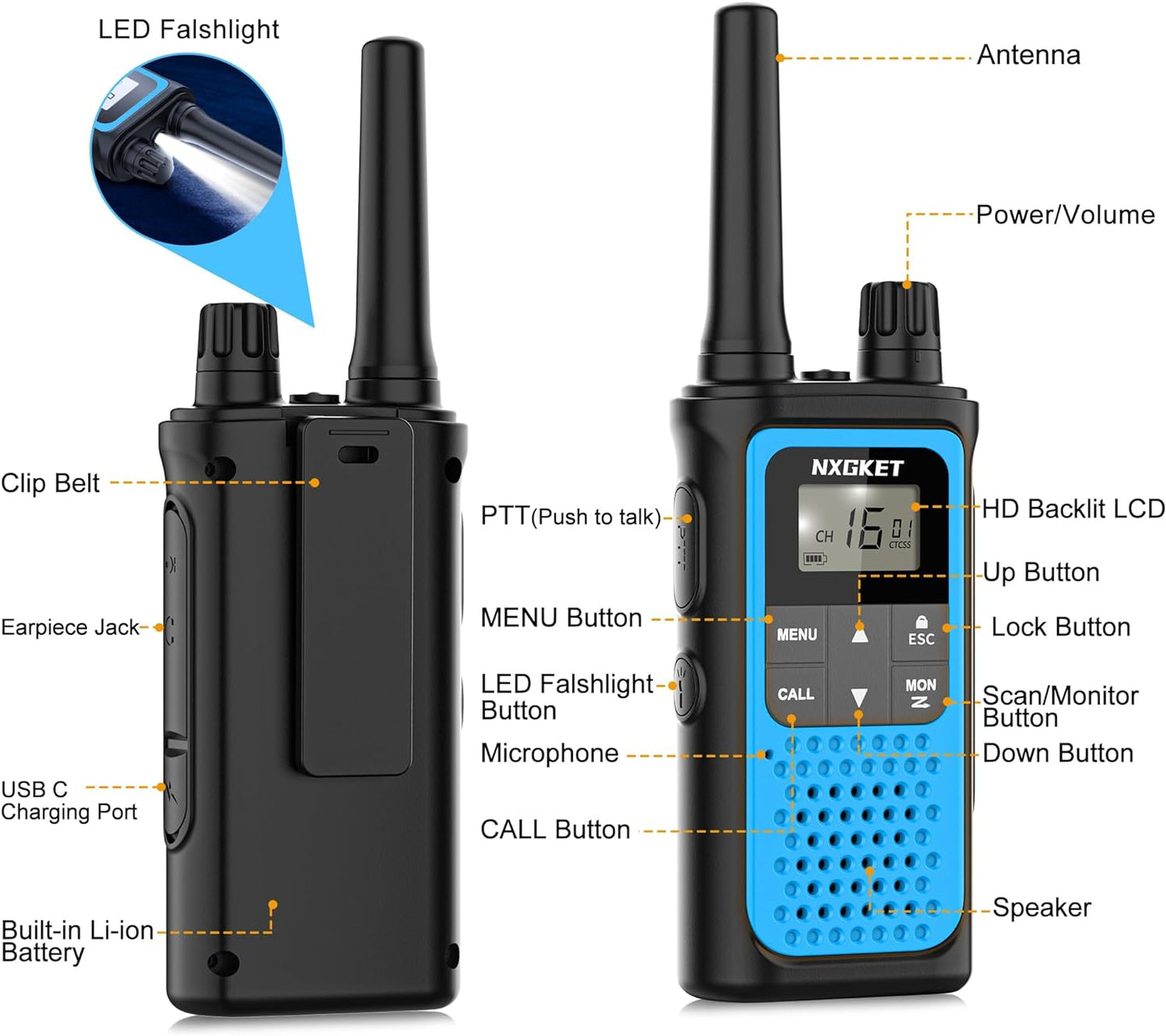 Walkie Talkies for Adults 3 Pack,Two Way Radios Long Range Rechargeable Walkie Talkies with Earpiece Jack Bulit-in 1800mAh Li-ion Battery,22 Channels,LED Flashlight,USB Charger,NOAA Walky Talky