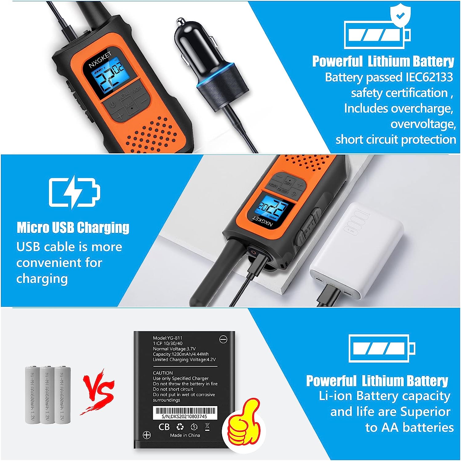NXGKET Lot de 2 talkie-walkies pour adultes longue portée, radio  bidirectionnelle rechargeable avec batterie Li-ion 1500 mAh, câble de  charge, clip de