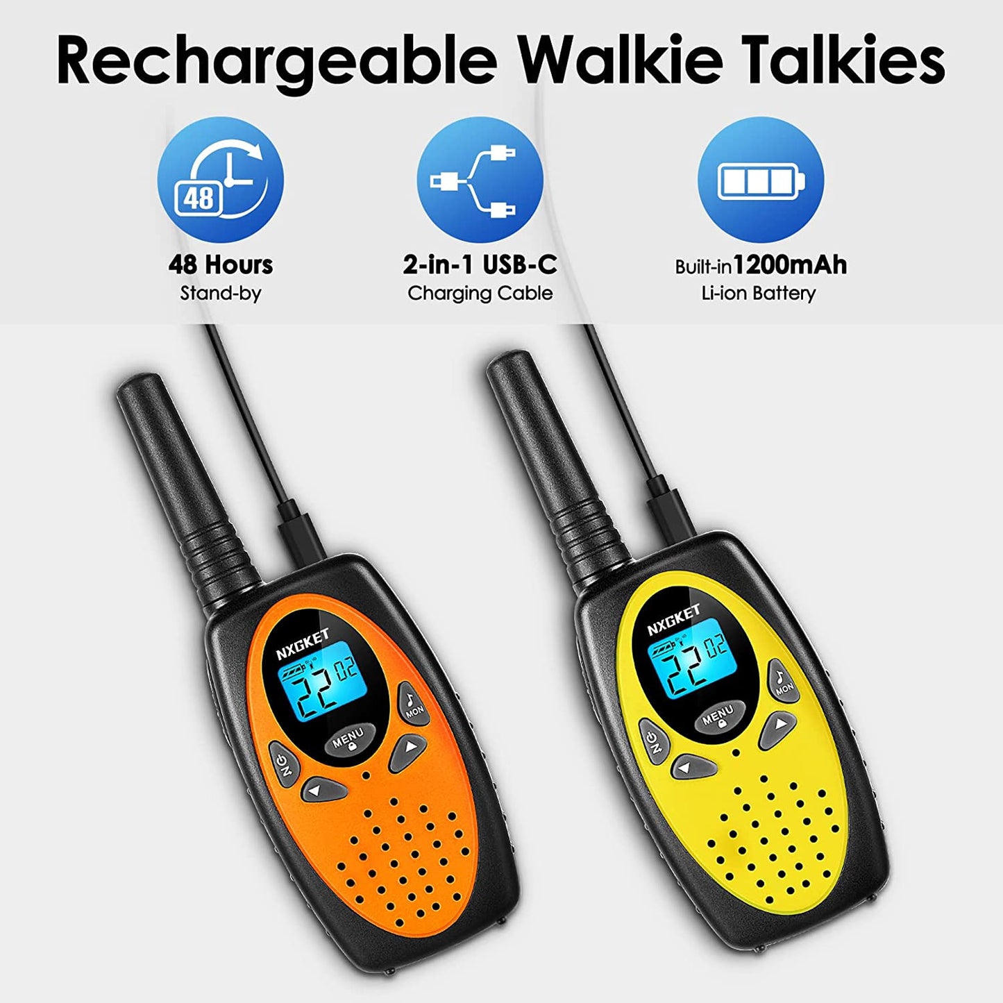 NXGKET Walkie Talkies for Kids 2 Pack, Rechargeable 2 Way Radios Walkie Talkies Adults Long Range with FRS 22 Channel 1200mAh Li-ion Battery USB-C Cable, Portable Walky Talky for Boys Girls Toy Gift