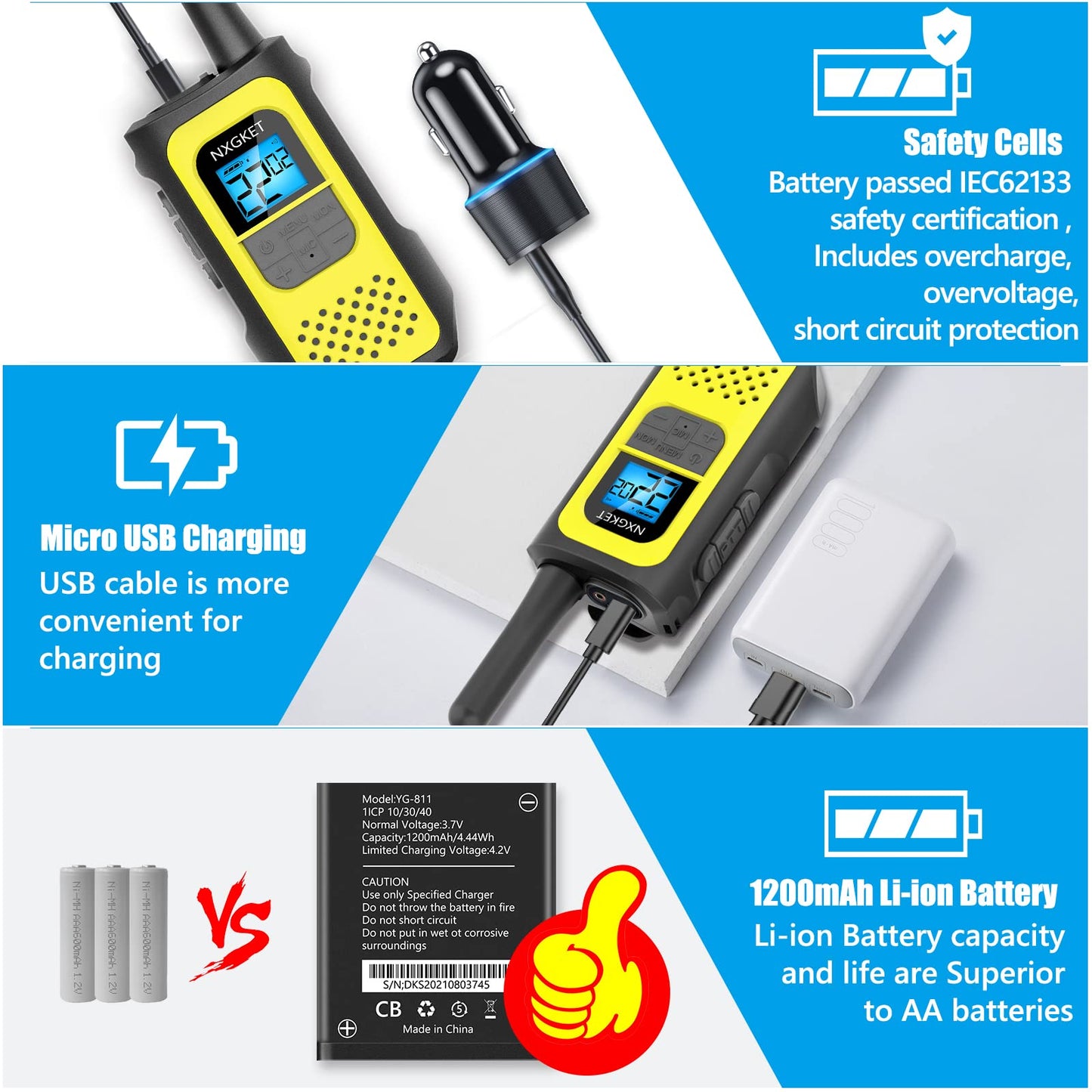 Walkie Talkies, NXGKET Walkie Talkies for Adults Long Range 4 Pack, 22 Channels Two-Way Radios FRS VOX, Walky Talky Rechargeable with Li-ion Battery USB Charger Auto Squelch for Biking Camping Hiking