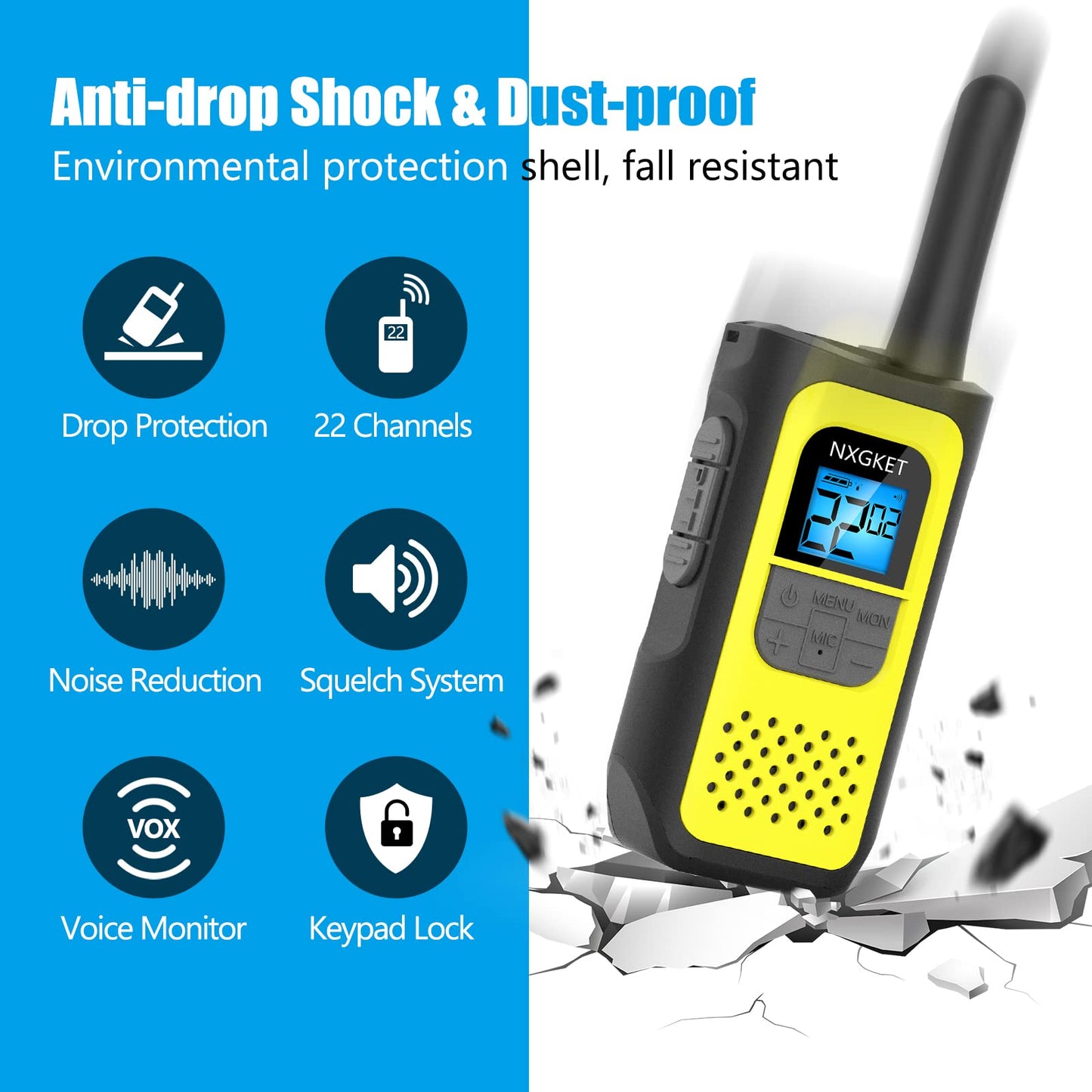 Walkie Talkies, NXGKET Walkie Talkies for Adults Long Range 4 Pack, 22 Channels Two-Way Radios FRS VOX, Walky Talky Rechargeable with Li-ion Battery USB Charger Auto Squelch for Biking Camping Hiking